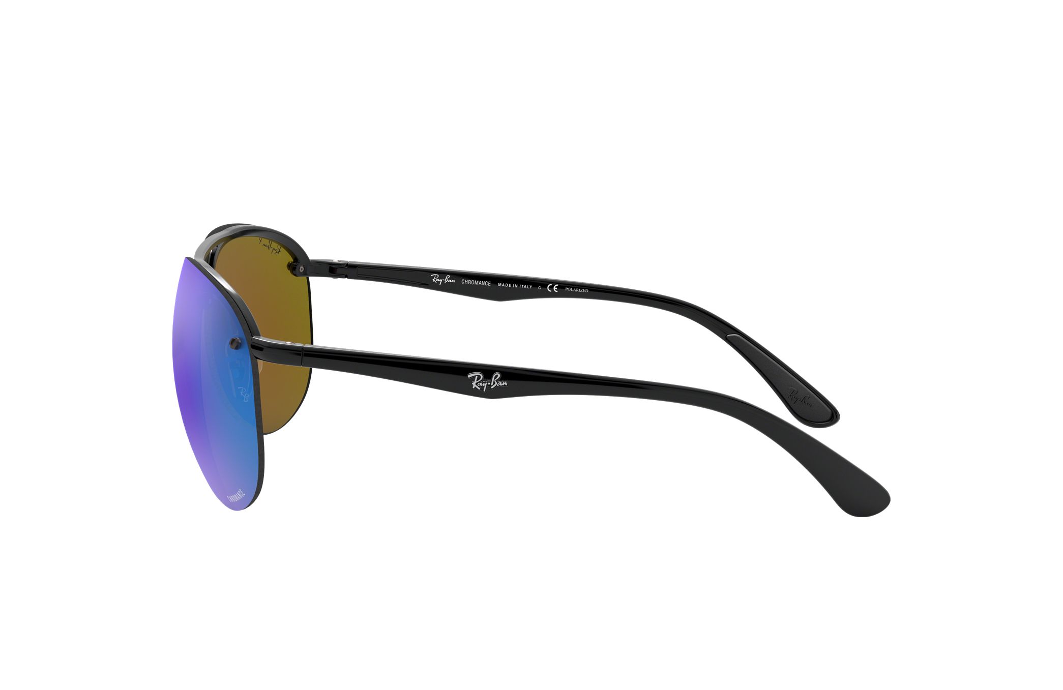 Ray-Ban RB4293 CH-601/A1 sunglasses featuring a gloss black nylon frame and blue Chromance lenses, perfect for men.